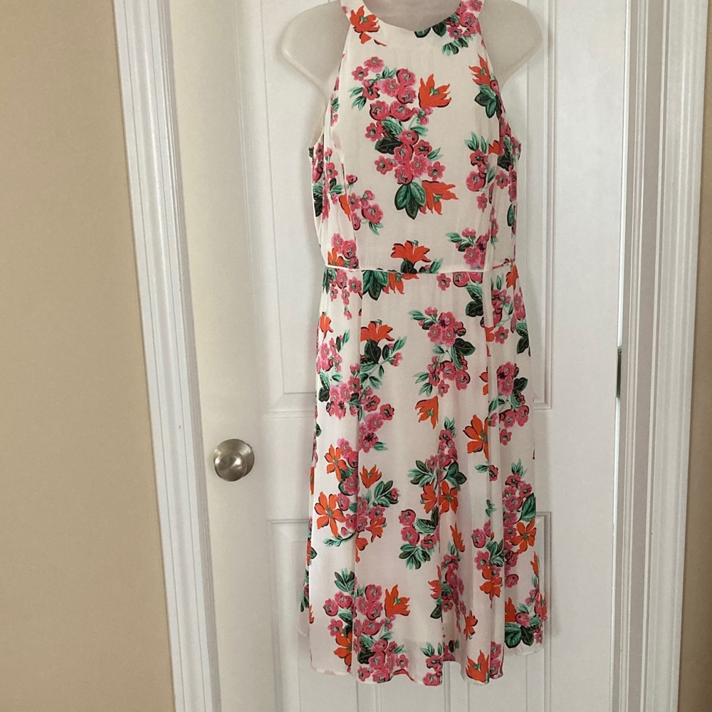 Floral Halter Midi Dress in Cream with Pink & Orange Blooms, size-4, lined.